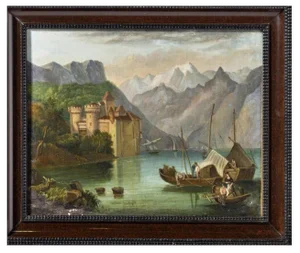 European School Artist, River Landscape with Castle and Boats, 19th Century, Oil on Wood