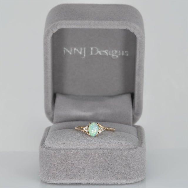 Modern Ethiopian Opal Cabochon Ring With Diamond Accents: Solid 14k Gold, Size 6.75 For Sale - Image 3 of 10