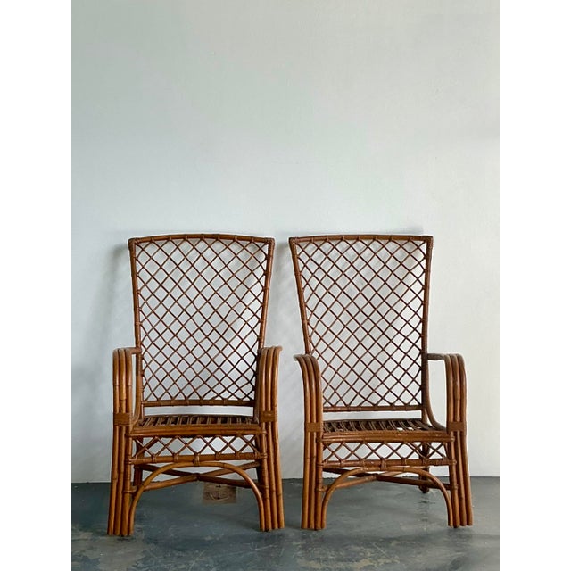 Vintage Boho High Back Trellis Rattan Lounge Chairs - A Pair For Sale In West Palm - Image 6 of 12