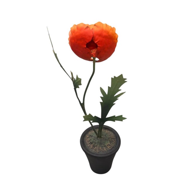 Neoclassical Vintage Hand-Painted Metal Poppy in Terracotta-Style Pot For Sale - Image 3 of 12