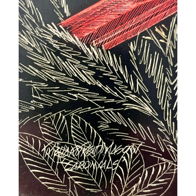 Contemporary Vintage “Cardinals” Scratch Painting by Richard Reid Mason 18" X 15" For Sale - Image 3 of 5