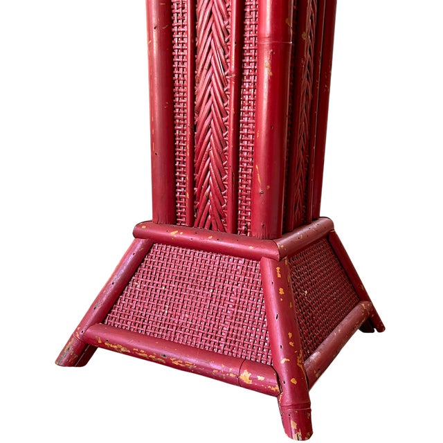 Wood Vintage Red Painted Bamboo & Woven Rattan Pedestal Plant Stand – Sister Parish Style For Sale - Image 7 of 8