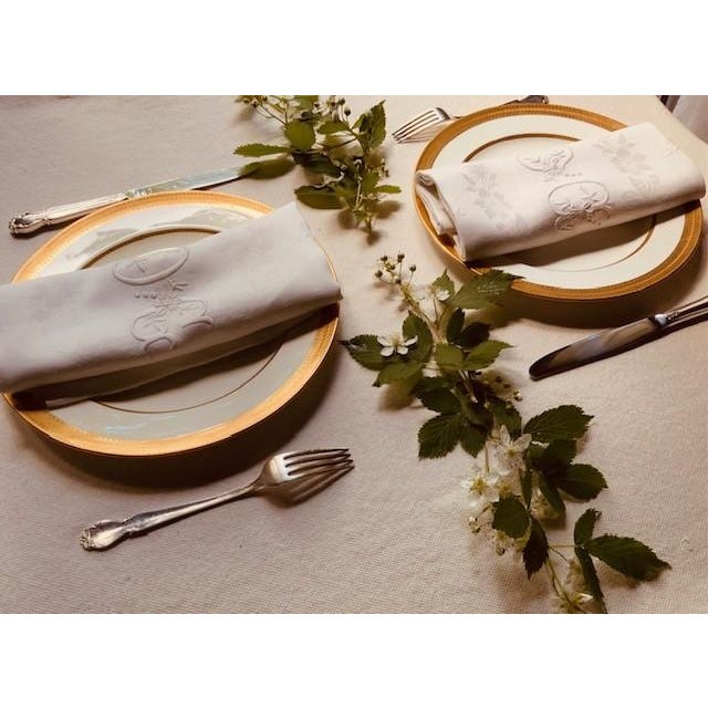 Antique French Damask Linen Napkins, Monogrammed Dc, Birds & Floral Wreath, Pair | C. 1900 For Sale - Image 11 of 18