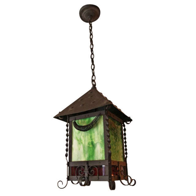 Iron Hanging Lantern With Stained Glass For Sale