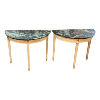 1950s Demilune Painted Classical Console Tables with Green Marble Tops - A Pair For Sale