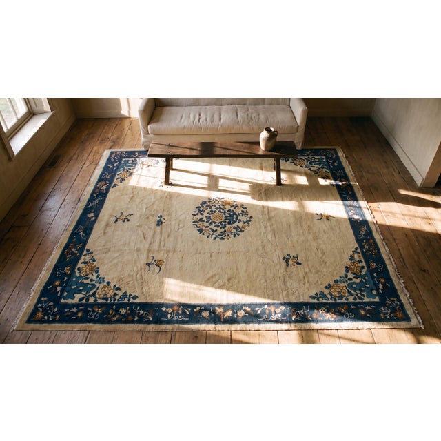 1920s Beige Medallion Floral Antique Chinese Peking Carpet 8'' X 9'5'' Wool Knotted Rug For Sale - Image 12 of 12