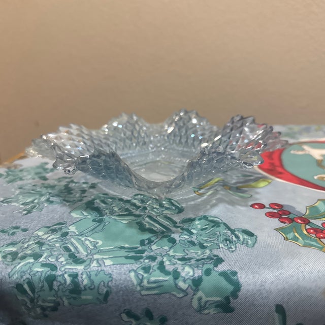 Vintage Indiana Glass Diamond Point Ruffled Candy Dish Ice Blue Tinted Pressed Glass For Sale - Image 4 of 7