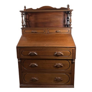 Antique Victorian Secretary Desk With Hutch and Carved Details For Sale
