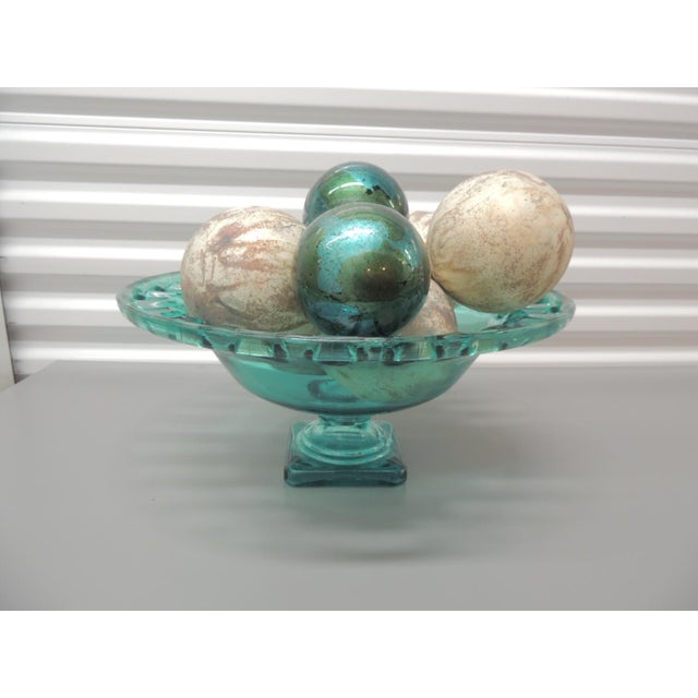 Vintage Emerald Green Glass Footed Bowl With Decorative Glass Spheres