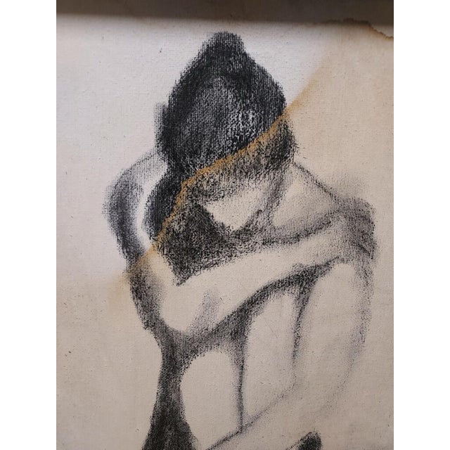 2020s Pat Clay "Huddled Woman" Original Charcoal & Coffee Wash on Canvas – 2026 For Sale - Image 5 of 9