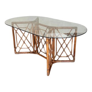 Chinese Chippendale Style Bamboo Dining Table With Oval Glass Top For Sale