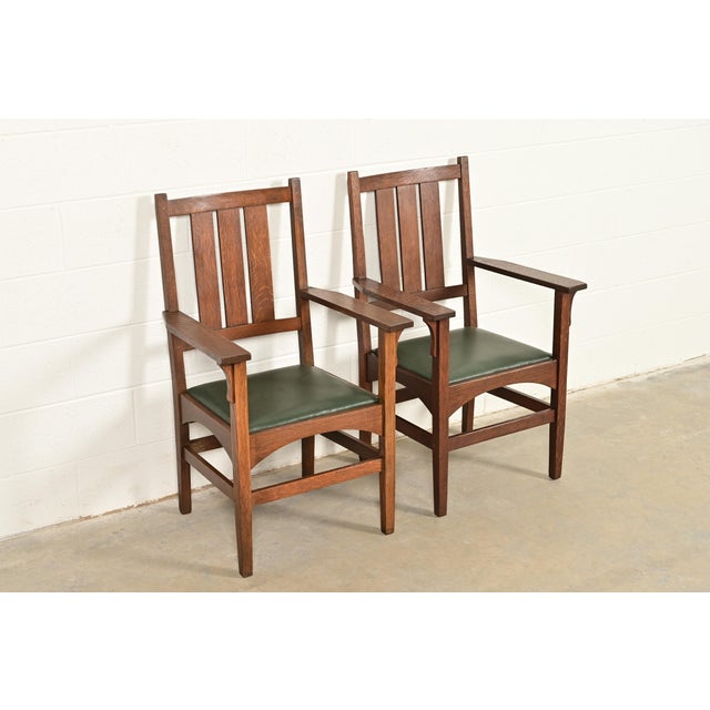 Early 20th Century Gustav Stickley Harvey Ellis Antique Mission Oak Arts & Crafts Armchairs, Pair For Sale - Image 5 of 13