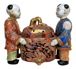 Chinese Ceramic Famille Verte Boys Holding a Lidded Bowl