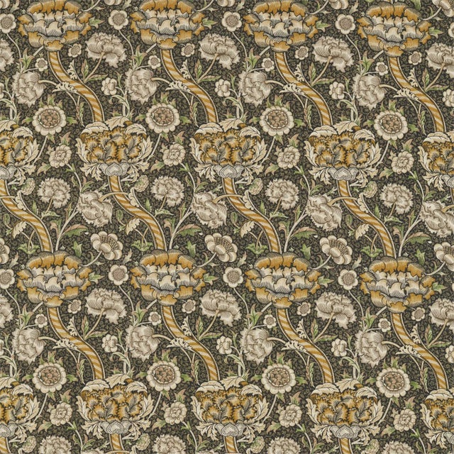 Morris & Co Wandle Fabric in Charcoal/Mustard For Sale