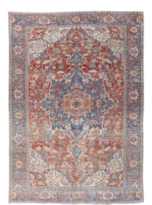 Antique Persian Heriz Handmade Red and Blue Medallion Floral Wool Rug