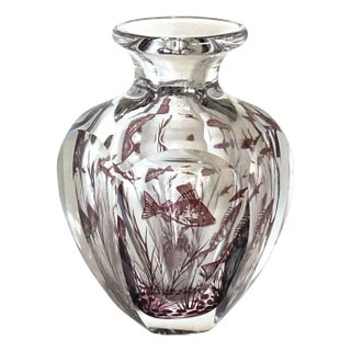 1957 Vintage Swedish Edvard Hald for Orrefors Glass Fish Graal Vase For Sale
