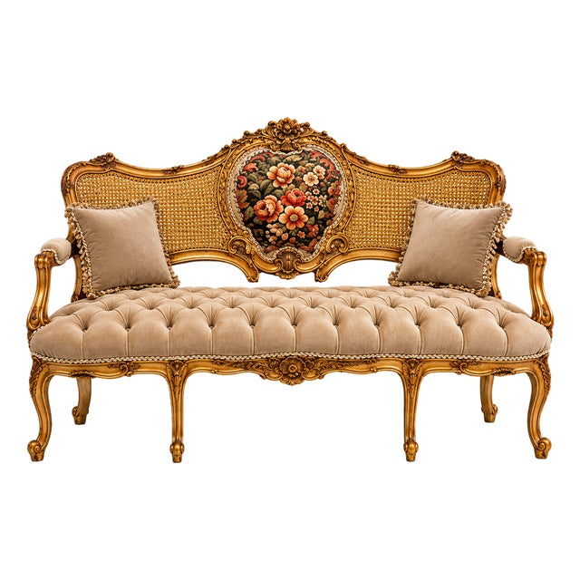 French Rococo Sofa – Beige Velvet Upholstery, Gilded Gold Leaf Frame & Floral Medallion For Sale