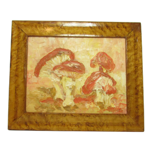 Vintage English Oil on Board Painting of Mushrooms
