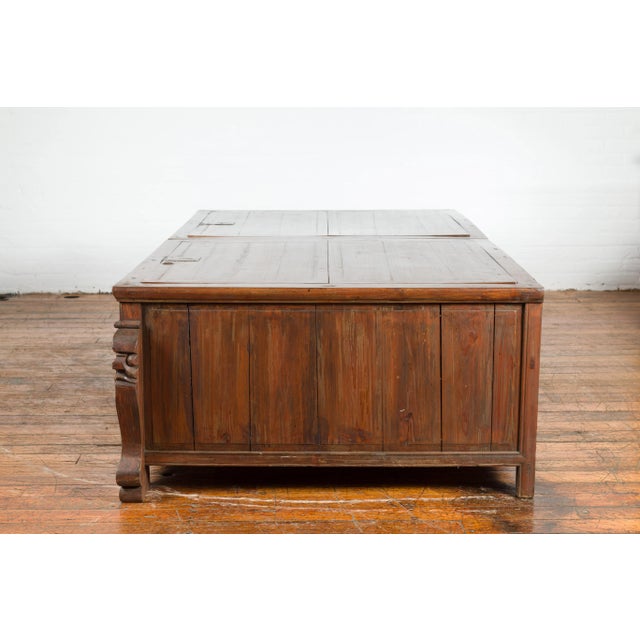 Brown Chinese Antique Chests with Carved Legs Made into a Long Coffee Table - A Pair For Sale - Image 8 of 13