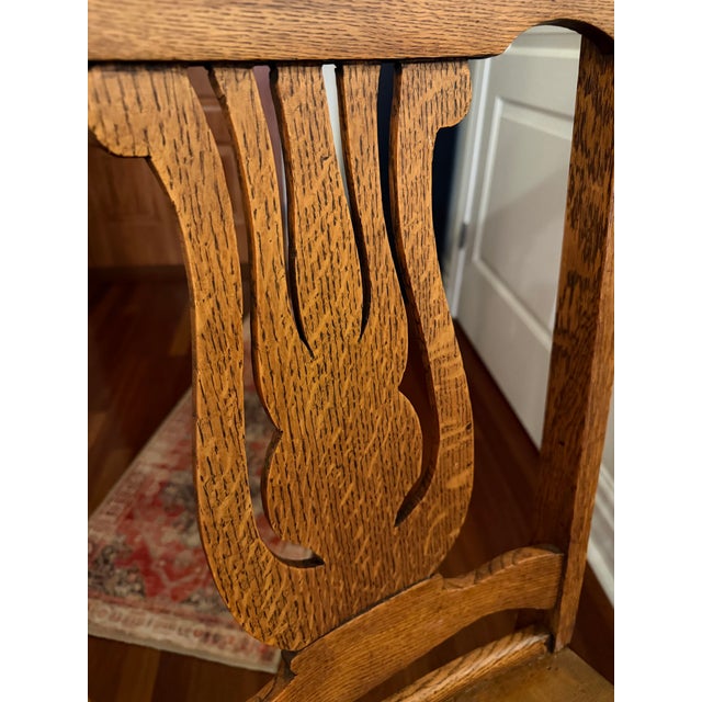 1900 - 1909 Antique c.1900 Quarter-Sawn Art Nouveau Tiger Oak Lyre Back Cane Dining Chairs. Set of Four For Sale - Image 5 of 8
