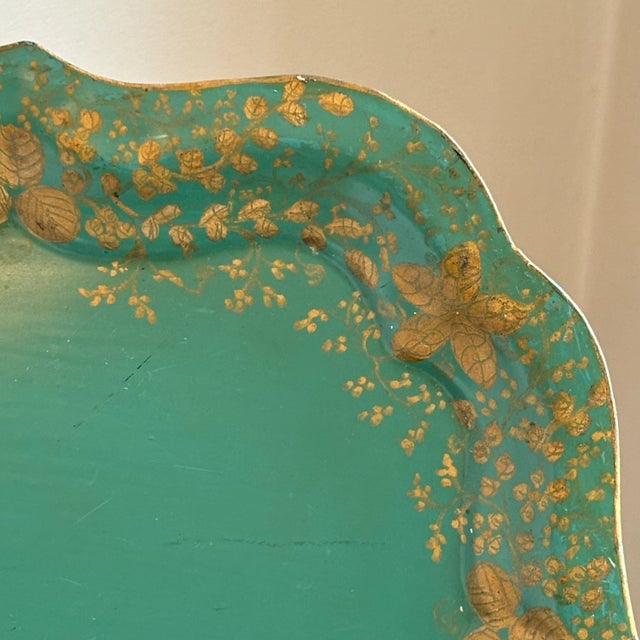 Traditional Early-20th Century Hand-Painted Teal & Gold Tole Serving Tray For Sale - Image 3 of 17