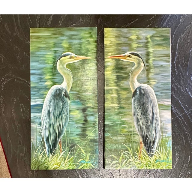 2020s Great Blue Heron Coastal Paintings on Canvas – Pair 18 X 24" Each For Sale - Image 5 of 5