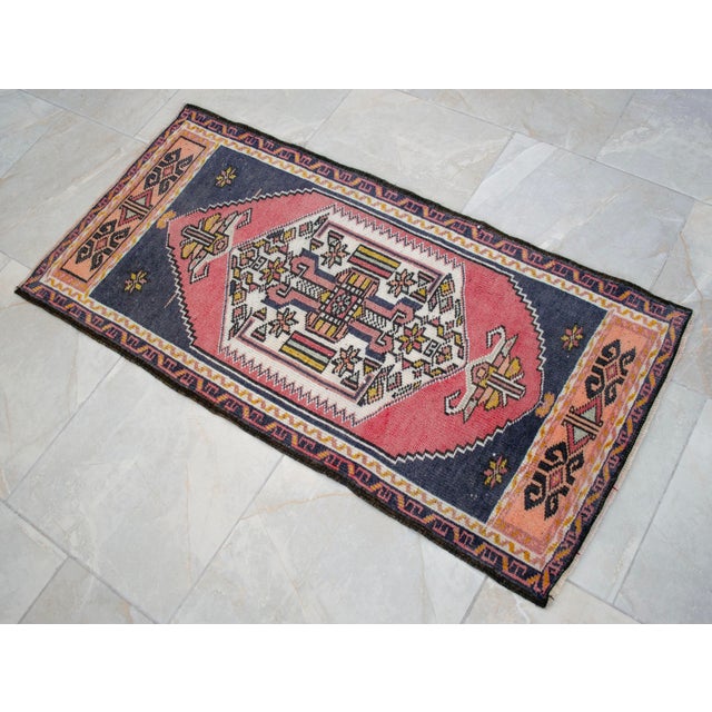 Vintage Turkish Rug 2x4 Pink Navy Hand Knotted Small Area Mat Accent Rug Doormat For Sale - Image 4 of 12