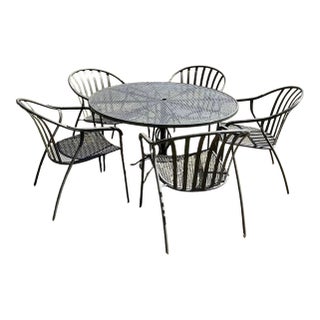 Woodard Valencia Patio Dining Set 5 Stackable Chairs 48" Table Garden, Attributed For Sale