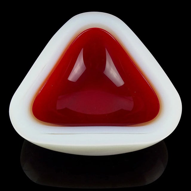 Seguso Vintage Seguso Murano Deep Red Opal White Alabastro Italian Art Glass Triangle Shaped Bowl For Sale - Image 4 of 7