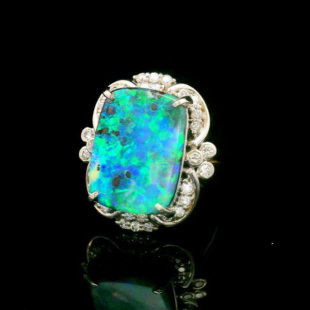 Contemporary 8.63 Carat Australian Boulder Opal Diamond Platinum Ring, Size 7 For Sale - Image 3 of 5