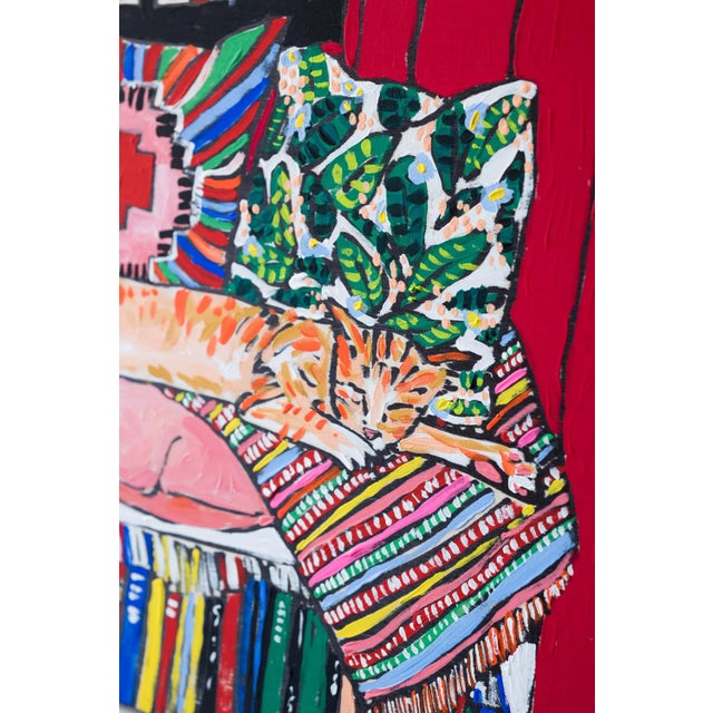 Lara Lee Meintjes Sleeping Ginger Cat in Red Room Reading Nook Original Interior Painting After Matisse For Sale - Image 4 of 5