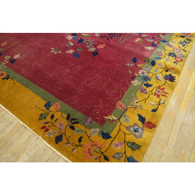1920s Pink Rose Floral Antique Chinese Art Deco Carpet 9' X 12' Knotted Wool Rug For Sale - Image 9 of 11
