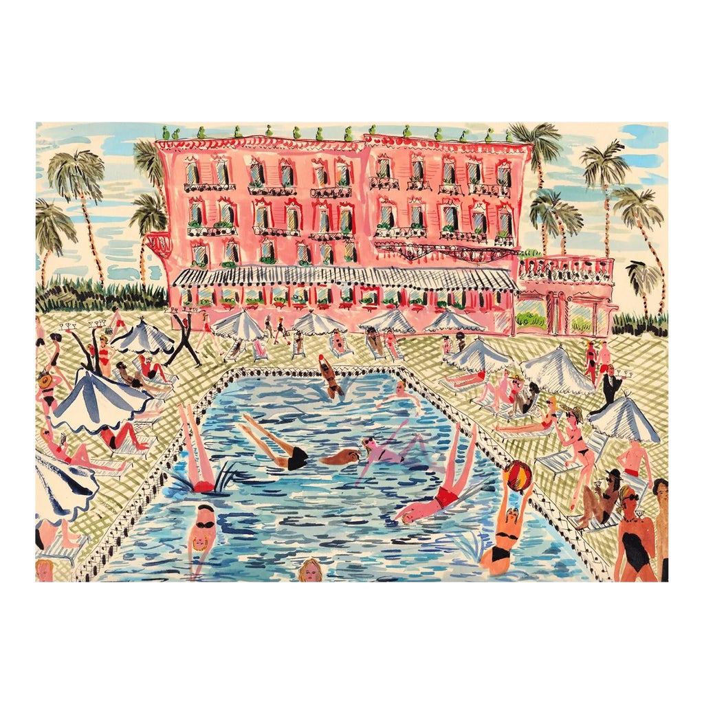 "Pink Villa Pool" Contemporary Original Whimsical Figurative Interior Scene Print by Pauline de Roussy de Sales