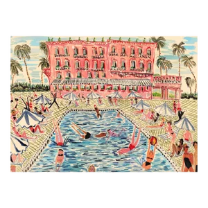 "Pink Villa Pool" Contemporary Original Whimsical Figurative Interior Scene Print by Pauline de Roussy de Sales