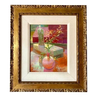 Vintage Chinoiserie / Floral Original Oil Still Life Painting — Signed For Sale