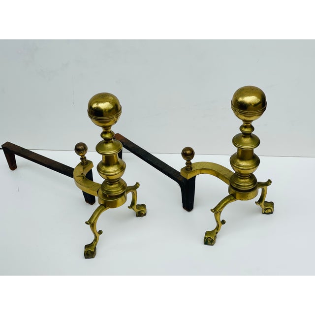 Antique American fireplace set by Hardin and Co in brass, comprising a firescreen, andirons and complete brass fireplace...