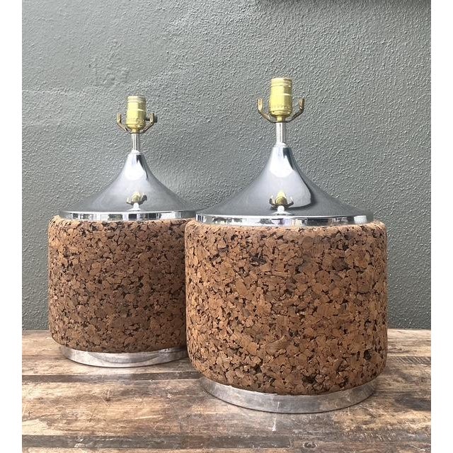 Mid 20th Century Vintage 70s Chrome and Cork Lamps - A Pair For Sale - Image 5 of 12