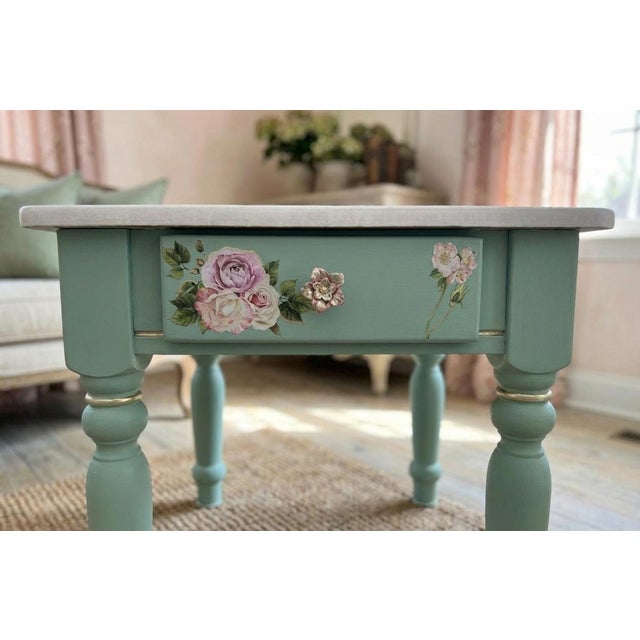 Green Pair of Hand-Refinished End Tables With Custom Soft Green Finish and Floral Detail For Sale - Image 8 of 10