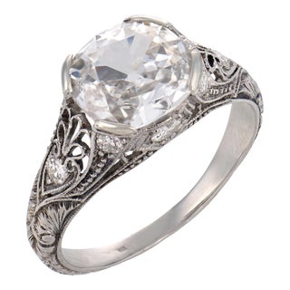 1930s Art Deco Gia 1.59 Carat Diamond Platinum Engagement Ring, Size 5.75 For Sale