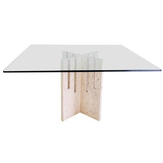 Square Dining Table in Travertine and Glass, Italy, 1970s For Sale