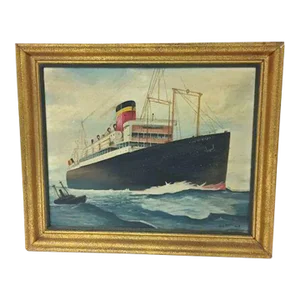 Vintage Oil on Canvas of a Steamship