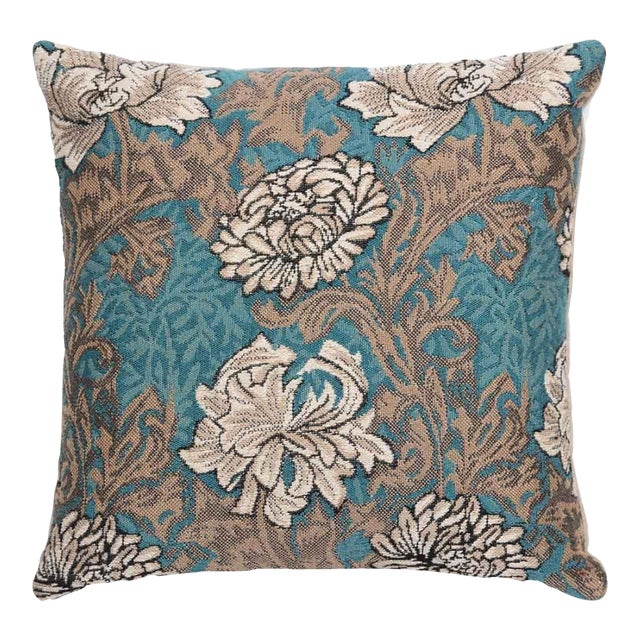 Chrysanthemums Aqua Cushion With Feather Filler - 33x33cm (13"x13") For Sale