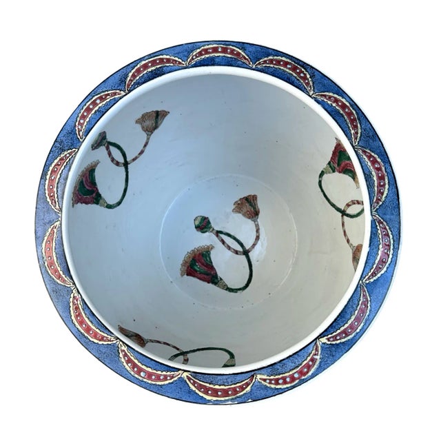 1980s Vintage Chinoiserie Porcelain Koi Fish Bowl in Blue With Multi-Colored Tassel Design For Sale - Image 5 of 6