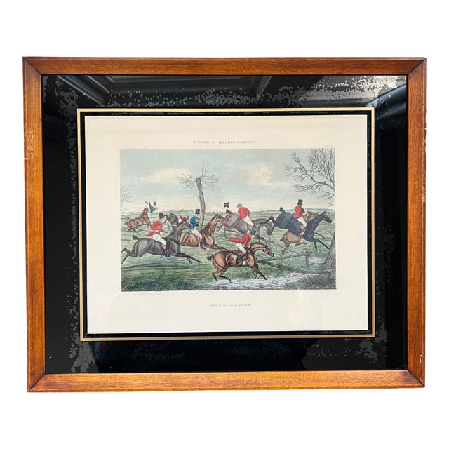 Antique English Framed Fox Horse Back Hunting Print — “Slap at a Brook” 1800s For Sale