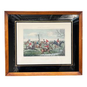 Antique English Framed Fox Horse Back Hunting Print — “Slap at a Brook” 1800s