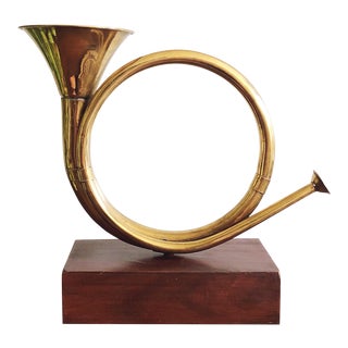 Vintage Brass Horn With Wood Base For Sale