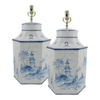 A Pair of Exported British Hand-Painted Blue and White Chinoiserie Tea Cans Hexagonal Table Lamps. For Sale
