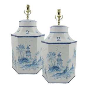 A Pair of Exported British Hand-Painted Blue and White Chinoiserie Tea Cans Hexagonal Table Lamps.