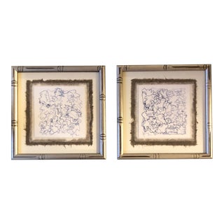 Gallery Wall Collection-2 Original Contemporary Wayne Cunningham Ink Drawings Faux Bamboo Frames-set of 2 For Sale