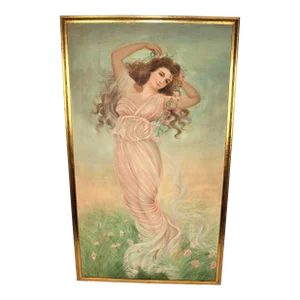 Early 20th Century Oil Painting of a Woman in a Flowing Dress, Framed